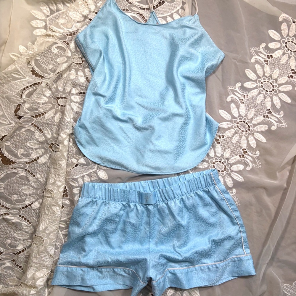 Silk Victorias Secret Blue Leopard Satin Cami and Shorts Pajama Set Loungewear